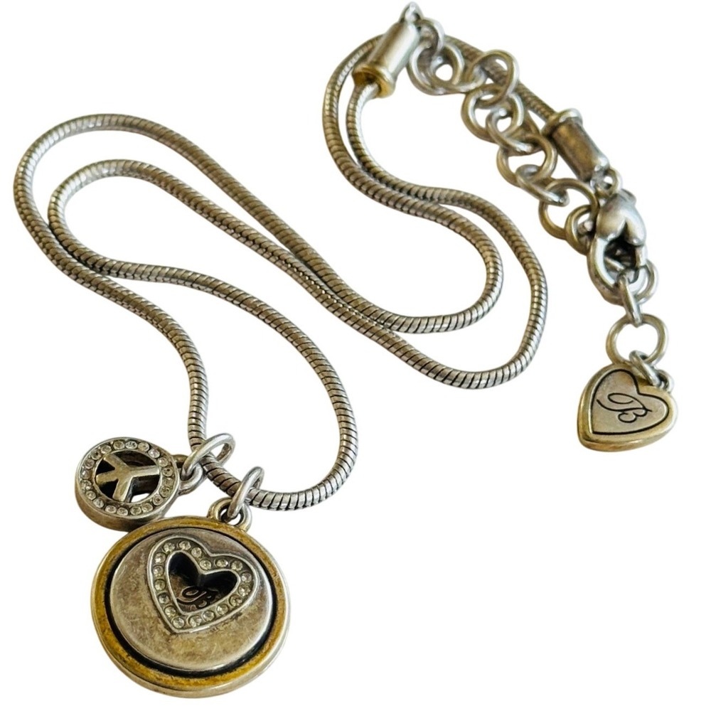 Brighton Love Heart Crystal necklace B Be Happy Peace silver two tone Retired‎